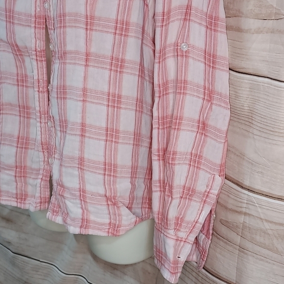 Eddie Bauer shirt button down long sleeve roll tab pink cream plaid print S - Picture 3 of 10